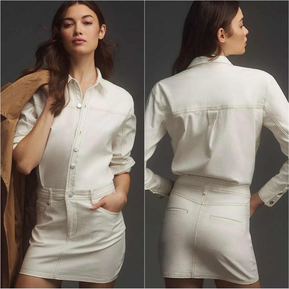 Anthropologie Pilcro Long-Sleeve Denim Micro Mini Shirt Dress Petite Sz SP